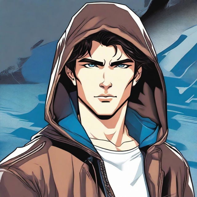 A young man, 23 years old, with dark brown hair and blue eyes, wearing a leather jacket with a hood, depicted in a comic book style