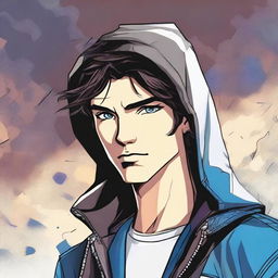 A young man, 23 years old, with dark brown hair and blue eyes, wearing a leather jacket with a hood, depicted in a comic book style