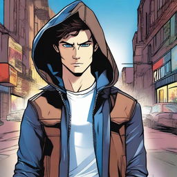 A young man, 23 years old, with dark brown hair and blue eyes, wearing a leather jacket with a hood, depicted in a comic book style