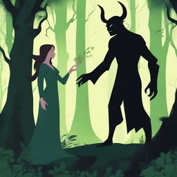 A fantasy scene depicting a forbidden romance between a female witch and a male demon