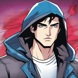 A young man, 23 years old, with dark brown hair and blue eyes, wearing a leather jacket with a hood, depicted in a comic book style