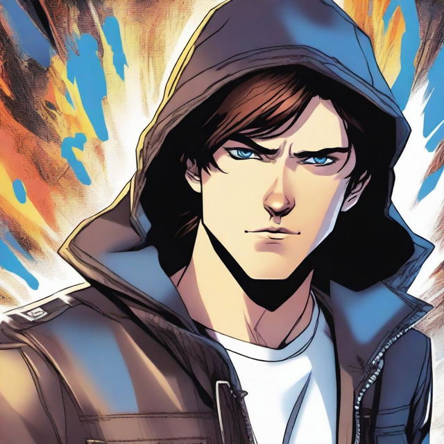 A young man, 23 years old, with dark brown hair and blue eyes, wearing a leather jacket with a hood, depicted in a comic book style