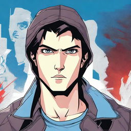 A young man, 23 years old, with dark brown hair and blue eyes, wearing a leather jacket with a hood, depicted in a comic book style