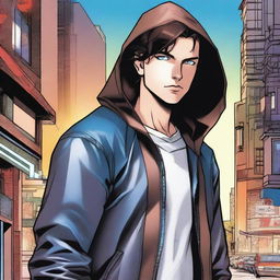 A young man, 23 years old, with dark brown hair and blue eyes, wearing a leather jacket with a hood, depicted in a comic book style