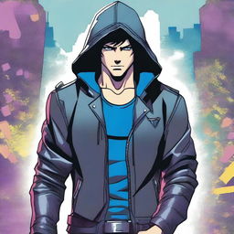 A young man, 23 years old, with black hair and blue eyes, wearing a leather jacket with a hood, depicted in a comic book style