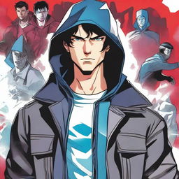 A young man, 23 years old, with black hair and blue eyes, wearing a leather jacket with a hood, depicted in a comic book style