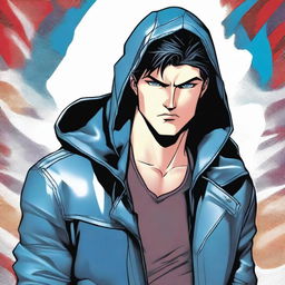 A young man, 23 years old, with black hair and blue eyes, wearing a leather jacket with a hood, depicted in a comic book style