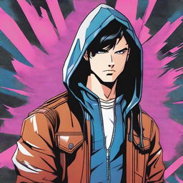 A young man, 23 years old, with black hair and blue eyes, wearing a leather jacket with a hood, depicted in a comic book style