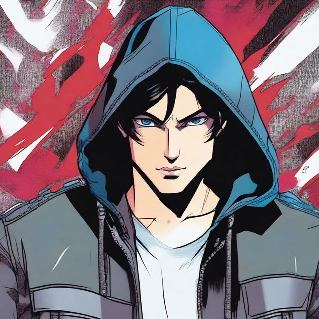 A young man, 23 years old, with black hair and blue eyes, wearing a leather jacket with a hood, depicted in a comic book style