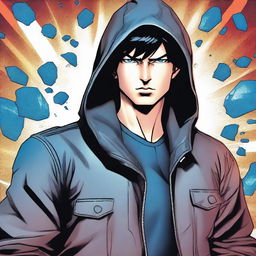 A young man, 23 years old, with black hair and blue eyes, wearing a leather jacket with a hood, depicted in a comic book style