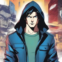 A young man, 23 years old, with black hair and blue eyes, wearing a leather jacket with a hood, depicted in a comic book style