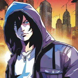 A young man, 23 years old, with black hair and blue eyes, wearing a leather jacket with a hood, depicted in a comic book style