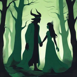 A fantasy scene depicting a forbidden romance between a female witch and a male demon