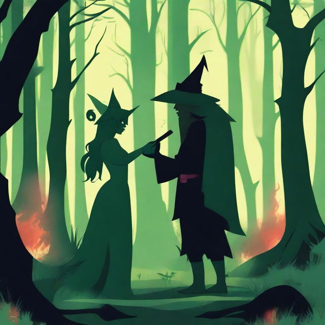 A fantasy scene depicting a forbidden romance between a female witch and a male demon