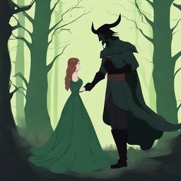 A fantasy scene depicting a forbidden romance between a female witch and a male demon