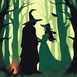 A fantasy scene depicting a forbidden romance between a female witch and a male demon