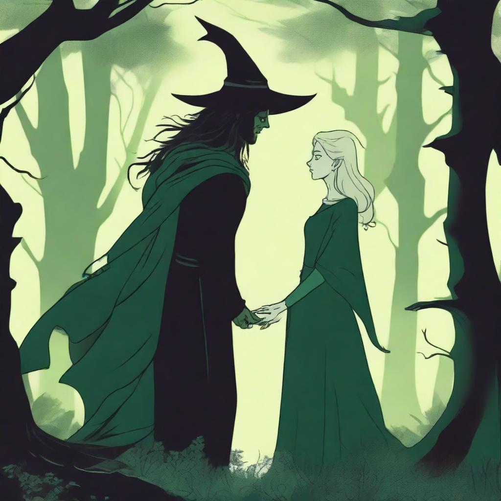 A fantasy scene depicting a forbidden romance between a female witch and a male demon