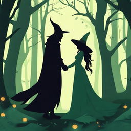 A fantasy scene depicting a forbidden romance between a female witch and a male demon