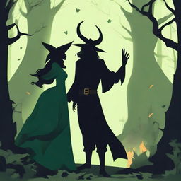 A fantasy scene depicting a forbidden romance between a female witch and a male demon