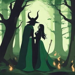 A fantasy scene depicting a forbidden romance between a female witch and a male demon