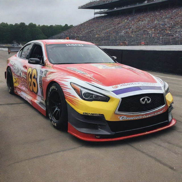 An Infiniti car repurposed into a NASCAR aesthetic, featuring bright, dynamic colors, race-ready modifications, and festooned with several sponsor decals.