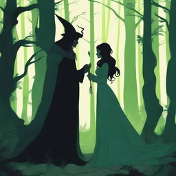 A fantasy scene depicting a forbidden romance between a female witch and a male demon