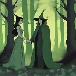 A fantasy scene depicting a forbidden romance between a female witch and a male demon