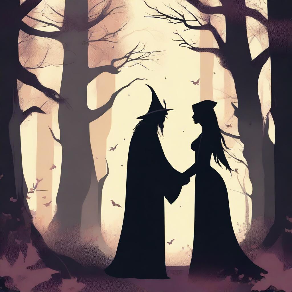 A fantasy scene depicting a forbidden romance between a female witch and a male demon