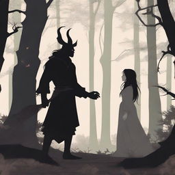 A fantasy scene depicting a forbidden romance between a female witch and a male demon