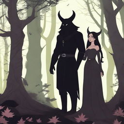 A fantasy scene depicting a forbidden romance between a female witch and a male demon