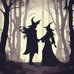 A fantasy scene depicting a forbidden romance between a female witch and a male demon