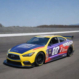 An Infiniti car repurposed into a NASCAR aesthetic, featuring bright, dynamic colors, race-ready modifications, and festooned with several sponsor decals.