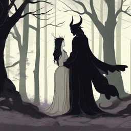 A fantasy scene depicting a forbidden romance between an adult female witch and a male demon