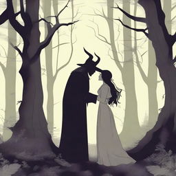 A fantasy scene depicting a forbidden romance between an adult female witch and a male demon