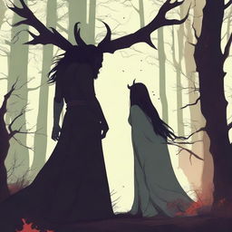 A fantasy scene depicting a forbidden romance between an adult female witch and a male demon