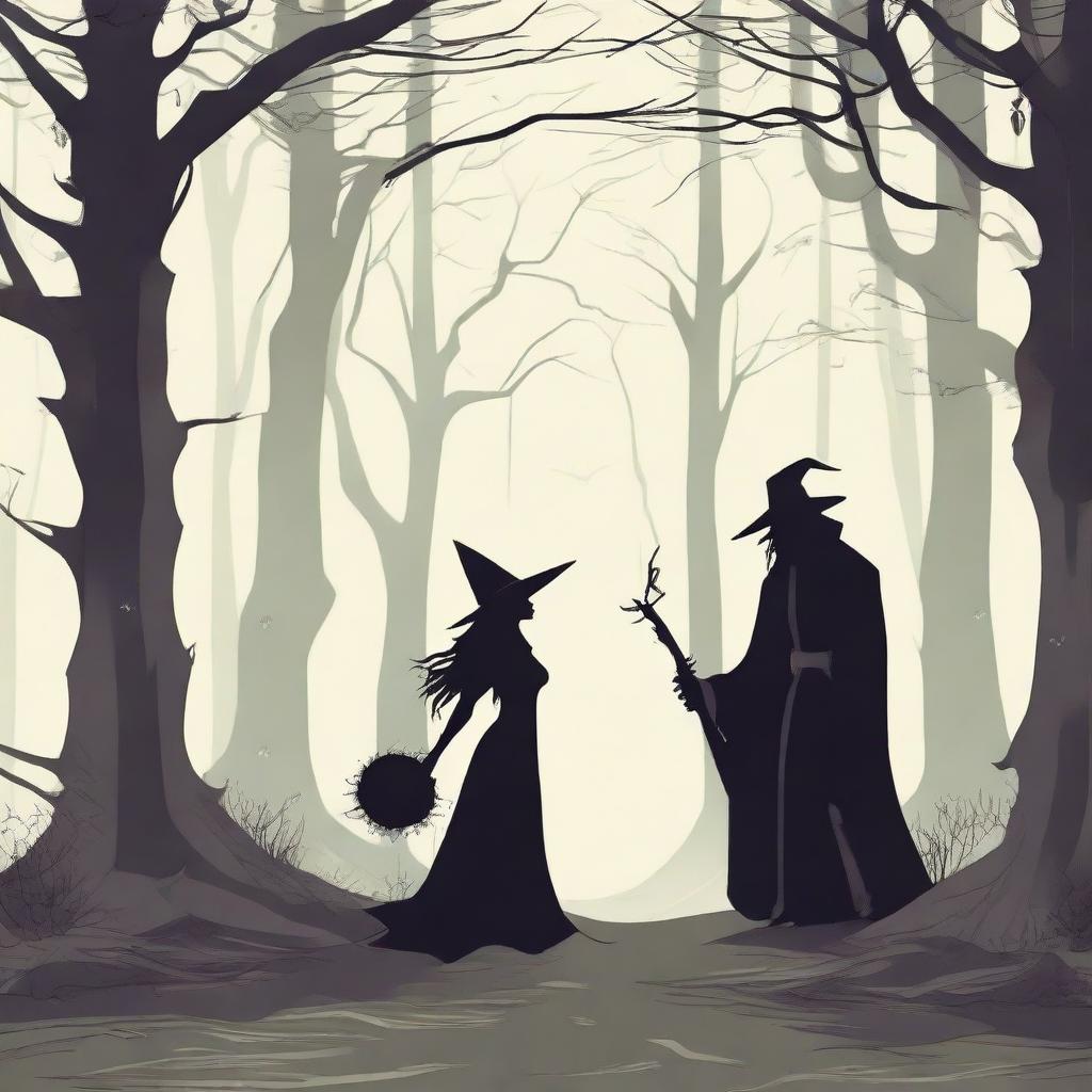 A fantasy scene depicting a forbidden romance between an adult female witch and a male demon