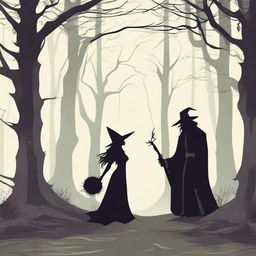 A fantasy scene depicting a forbidden romance between an adult female witch and a male demon