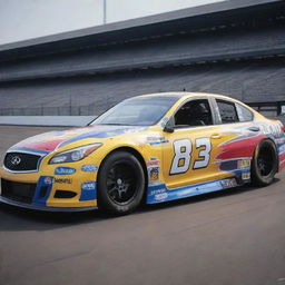 An Infiniti car repurposed into a NASCAR aesthetic, featuring bright, dynamic colors, race-ready modifications, and festooned with several sponsor decals.