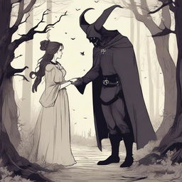 A fantasy scene depicting a forbidden romance between an adult female witch and a male demon