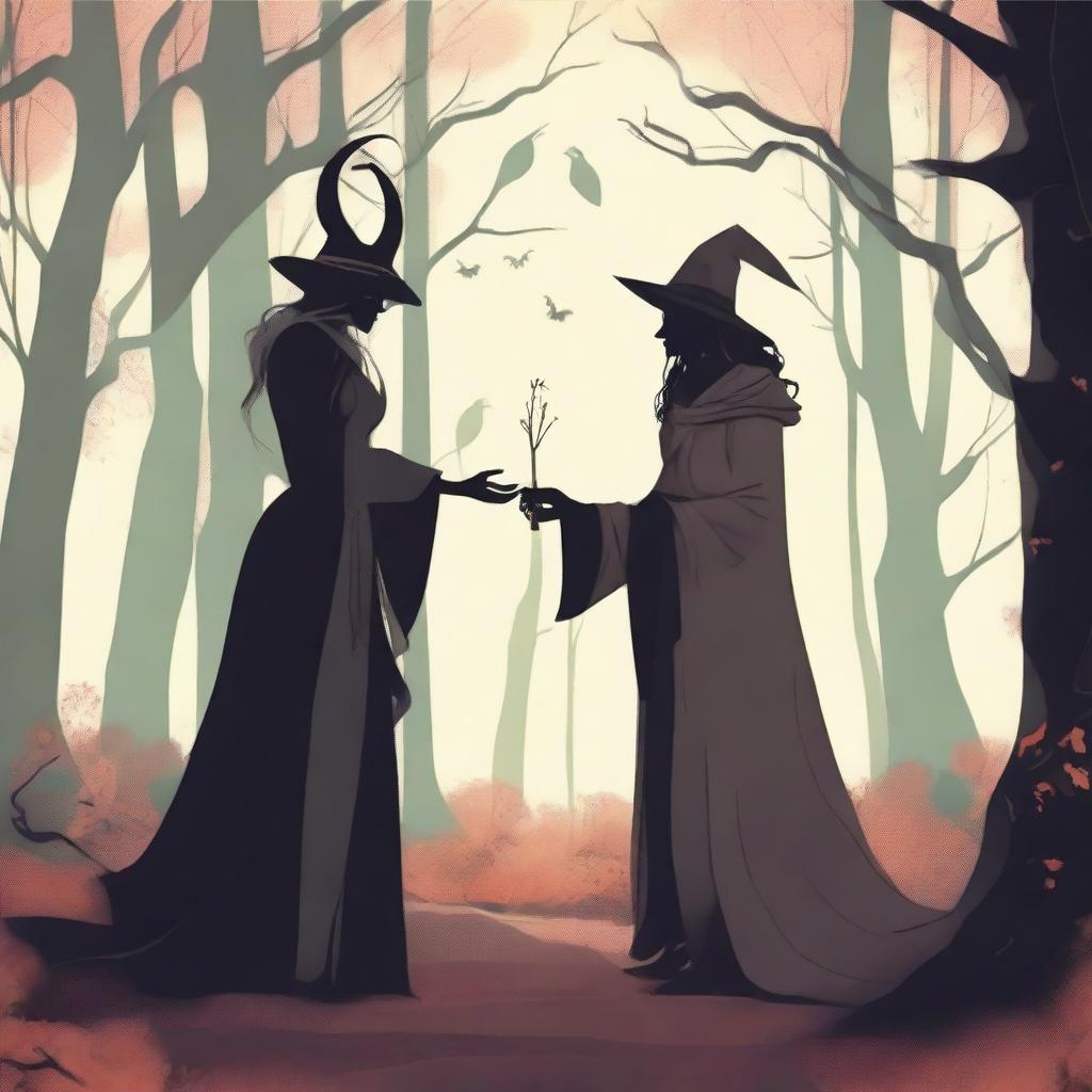 A fantasy scene depicting a forbidden romance between an adult female witch and a male demon