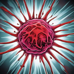 A comic-style illustration of a virus cell with red veins inside an organism