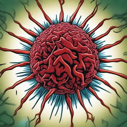 A comic-style illustration of a virus cell with red veins inside an organism