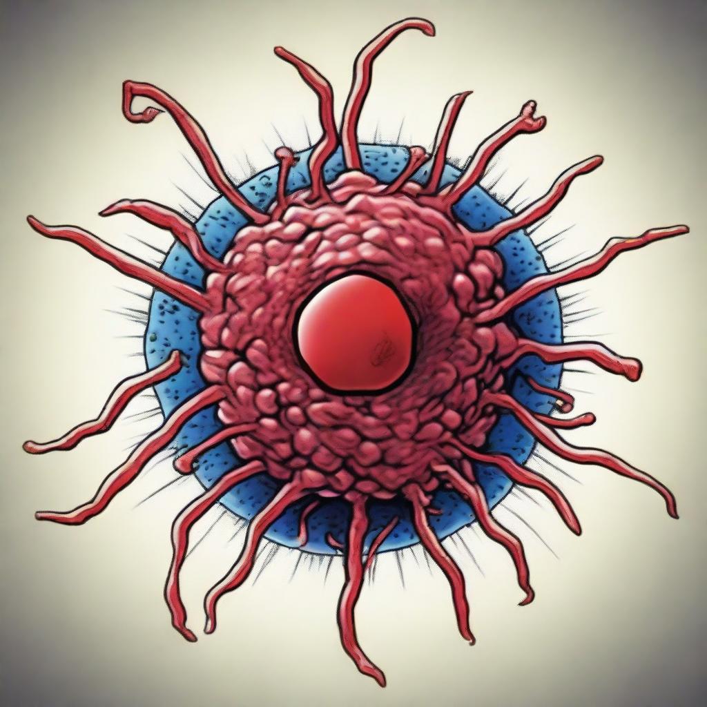 A comic-style illustration of a virus cell with red veins inside an organism