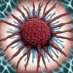 A comic-style illustration of a virus cell with red veins inside an organism