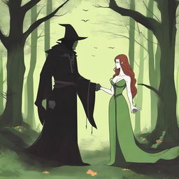 A fantasy scene depicting a forbidden romance between an adult female witch and a male demon