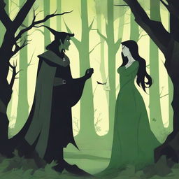 A fantasy scene depicting a forbidden romance between an adult female witch and a male demon