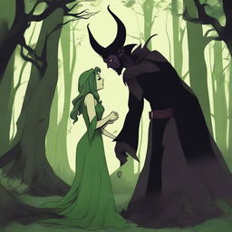 A fantasy scene depicting a forbidden romance between an adult female witch and a male demon