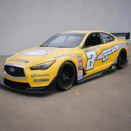 An Infiniti car repurposed into a NASCAR aesthetic, featuring bright, dynamic colors, race-ready modifications, and festooned with several sponsor decals.