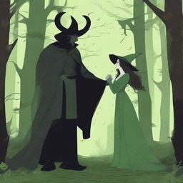 A fantasy scene depicting a forbidden romance between an adult female witch and a male demon