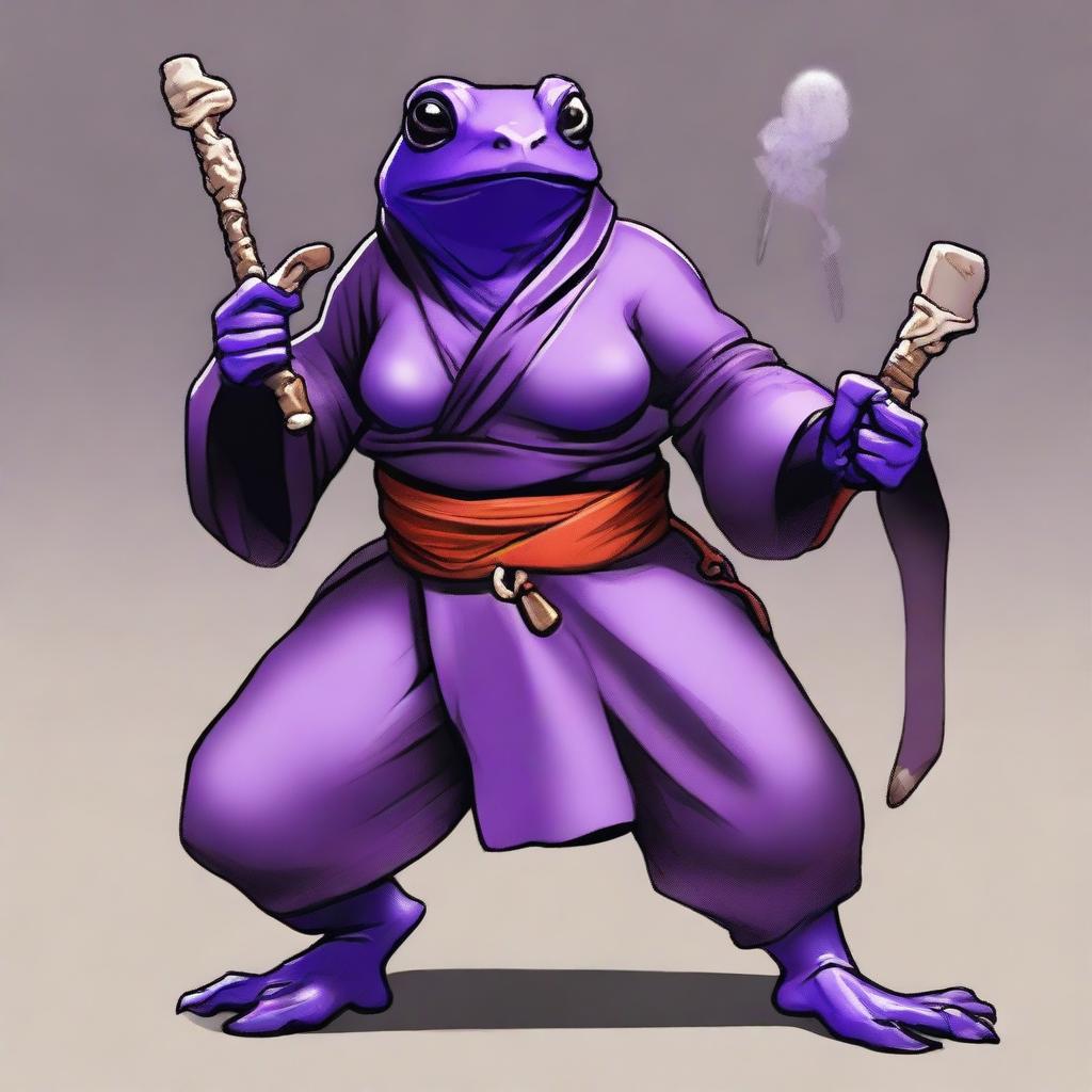 A purple frog fighter, depicted as a female monk, stands in an aggressive fighting stance